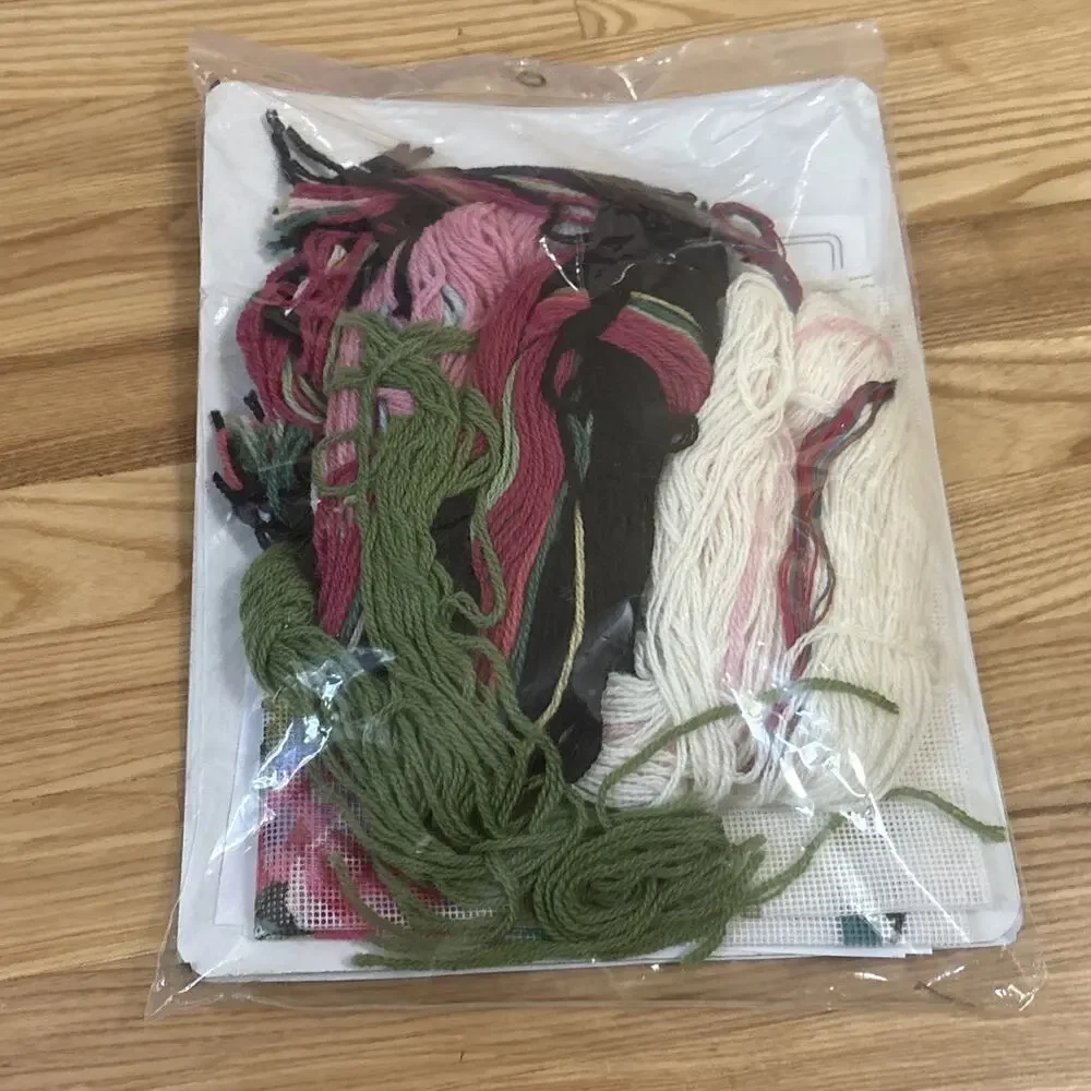 Vintage Grandmillenial Wool Needlepoint Kit Ribbon Bow And Roses Pink 13 Mesh